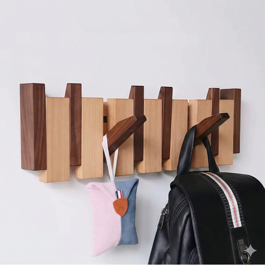 Porte manteau mural bois avec crochets rétractables