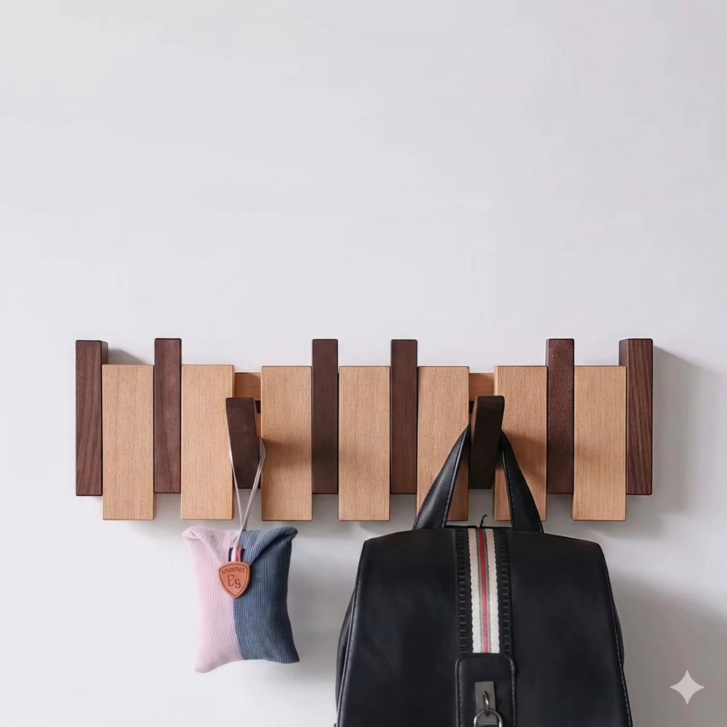 Porte manteau mural bois avec crochets rétractables