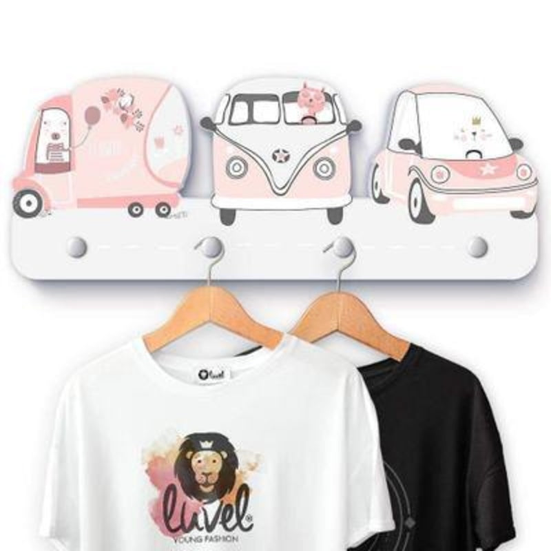 Porte Manteau Enfant Mural Animaux en voiture Rose