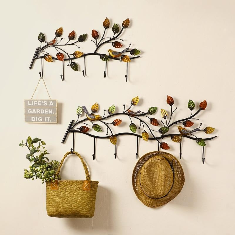 Porte Manteau Mural Design Feuilles et Oiseaux Forgé Fer